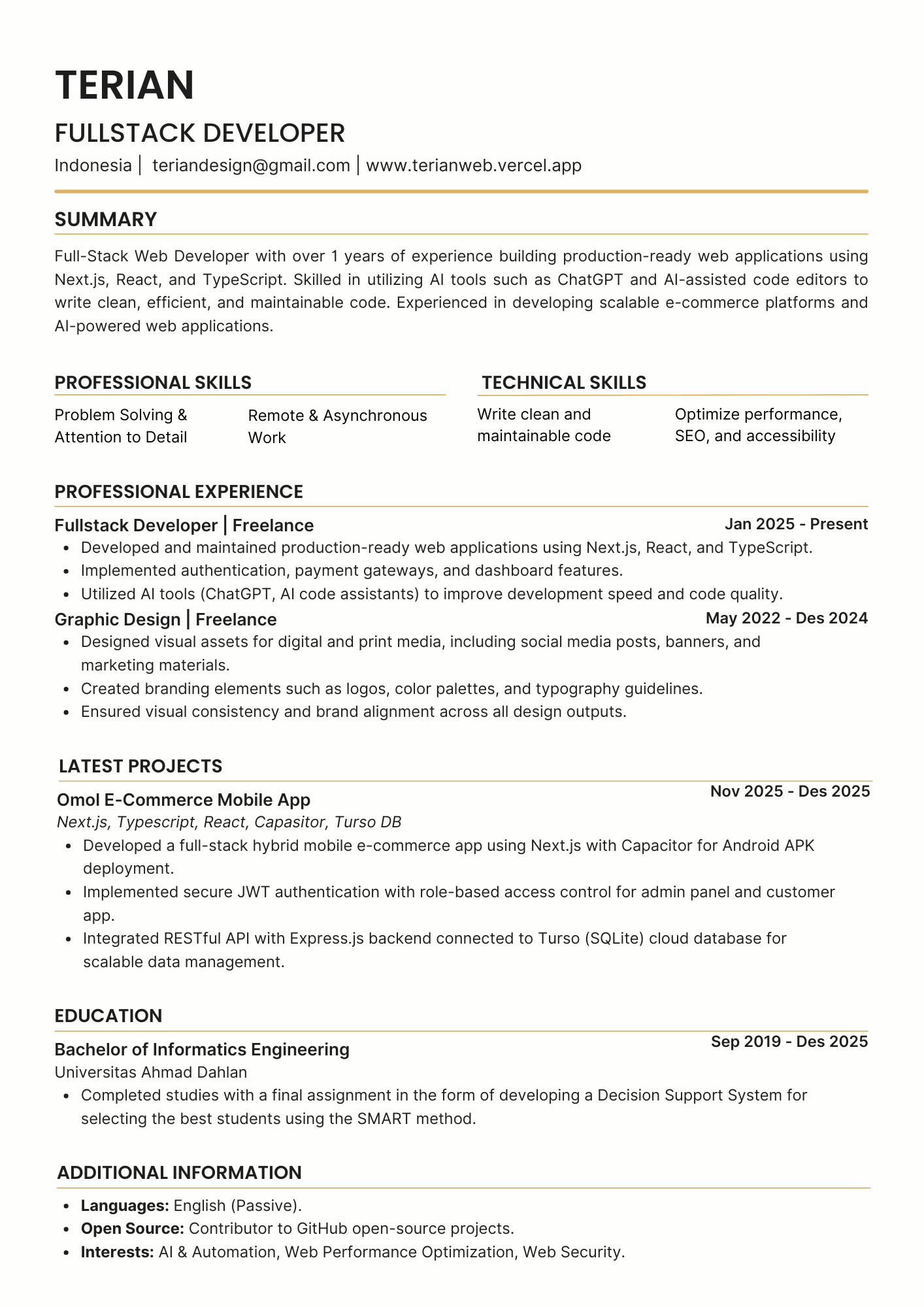 Terian Resume - Fullstack Developer